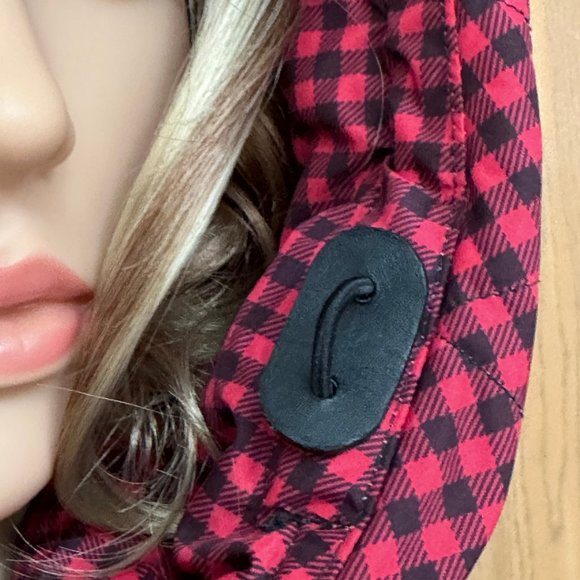 Women COACH Gingham Check Short Down Puffer Coat Jacket - Red/Black - Size Large - Picture 8 of 15